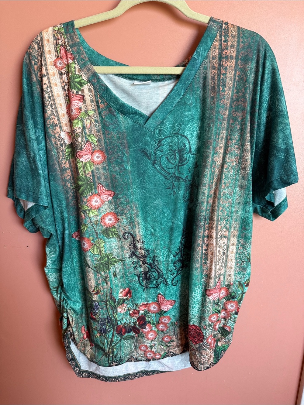 Teal Floral V-Neck Short Sleeve Top by